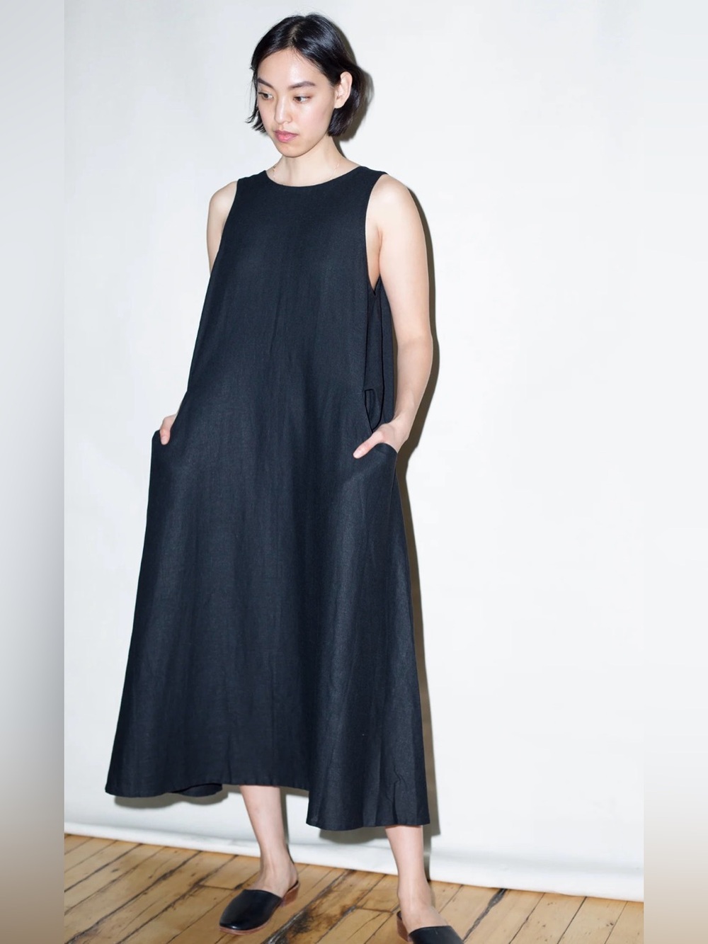 KAAREM Agar Thạch 100% Linen V Back Pocket Maxi Dress Black S